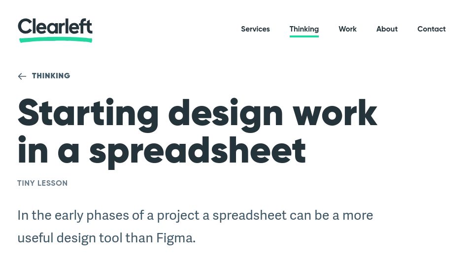Screenshot of clearleft.com: Starting design work in a spreadsheet