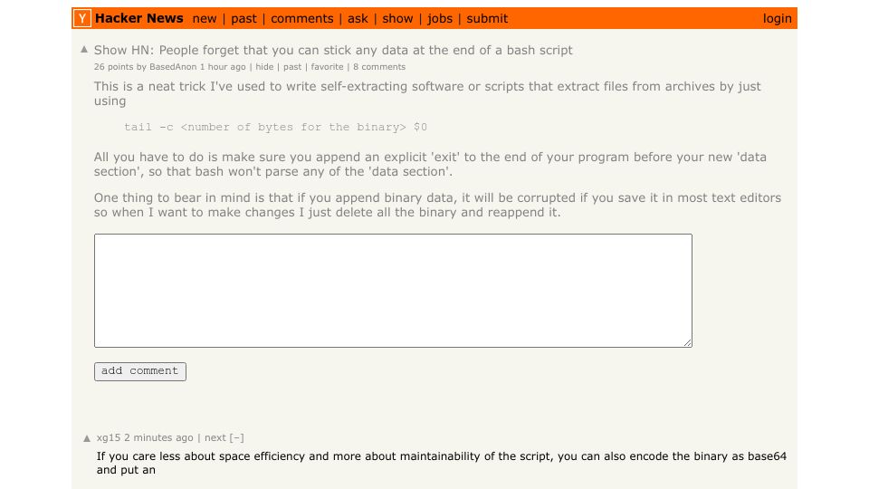 Screenshot of Hacker News post: Tell HN: People forget that you can stick any data at the end of a bash script