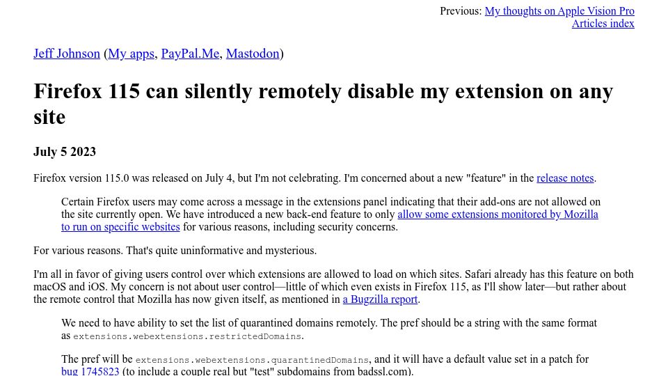 Screenshot of lapcatsoftware.com: Firefox 115 can remotely disable any extension on any site