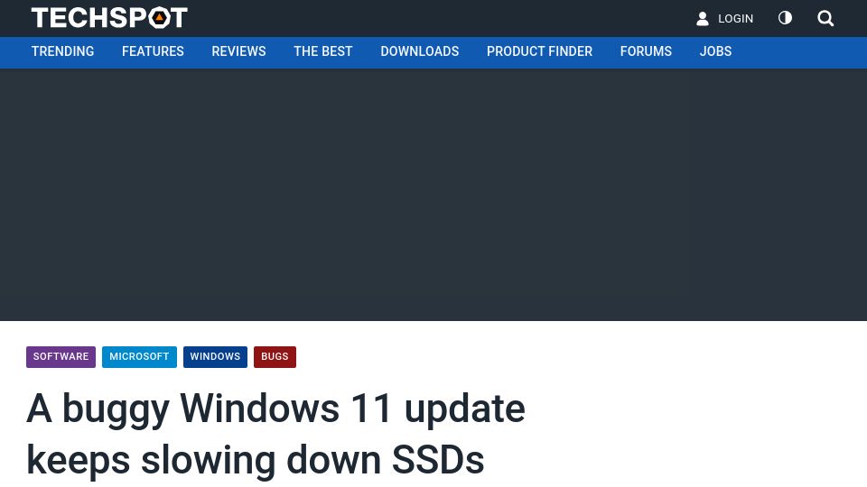 Screenshot of techspot.com: A buggy Windows 11 update keeps slowing down SSDs