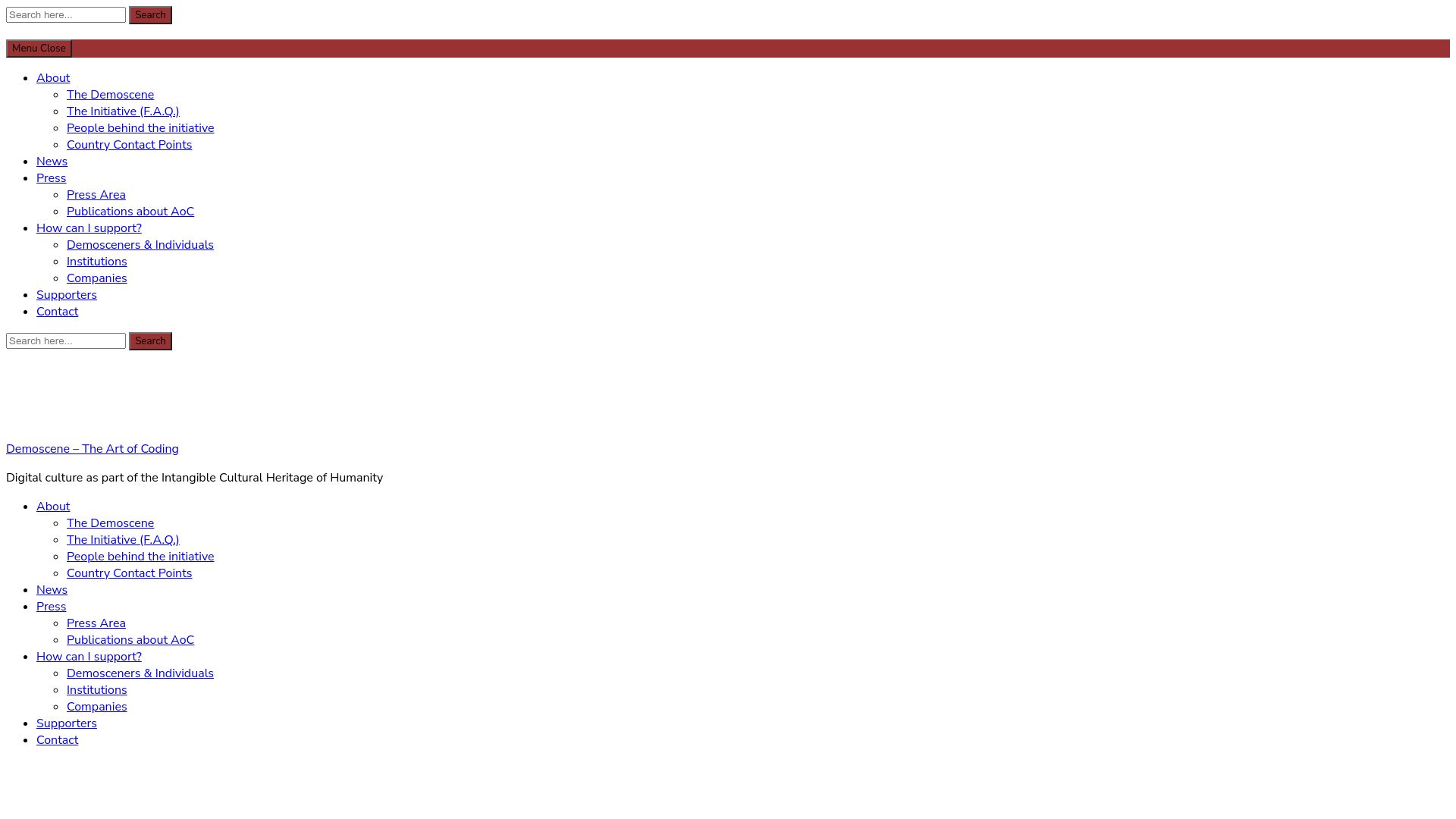 Screenshot of demoscene-the-art-of-coding.net: Demoscene accepted as UNESCO cultural heritage in The Netherlands