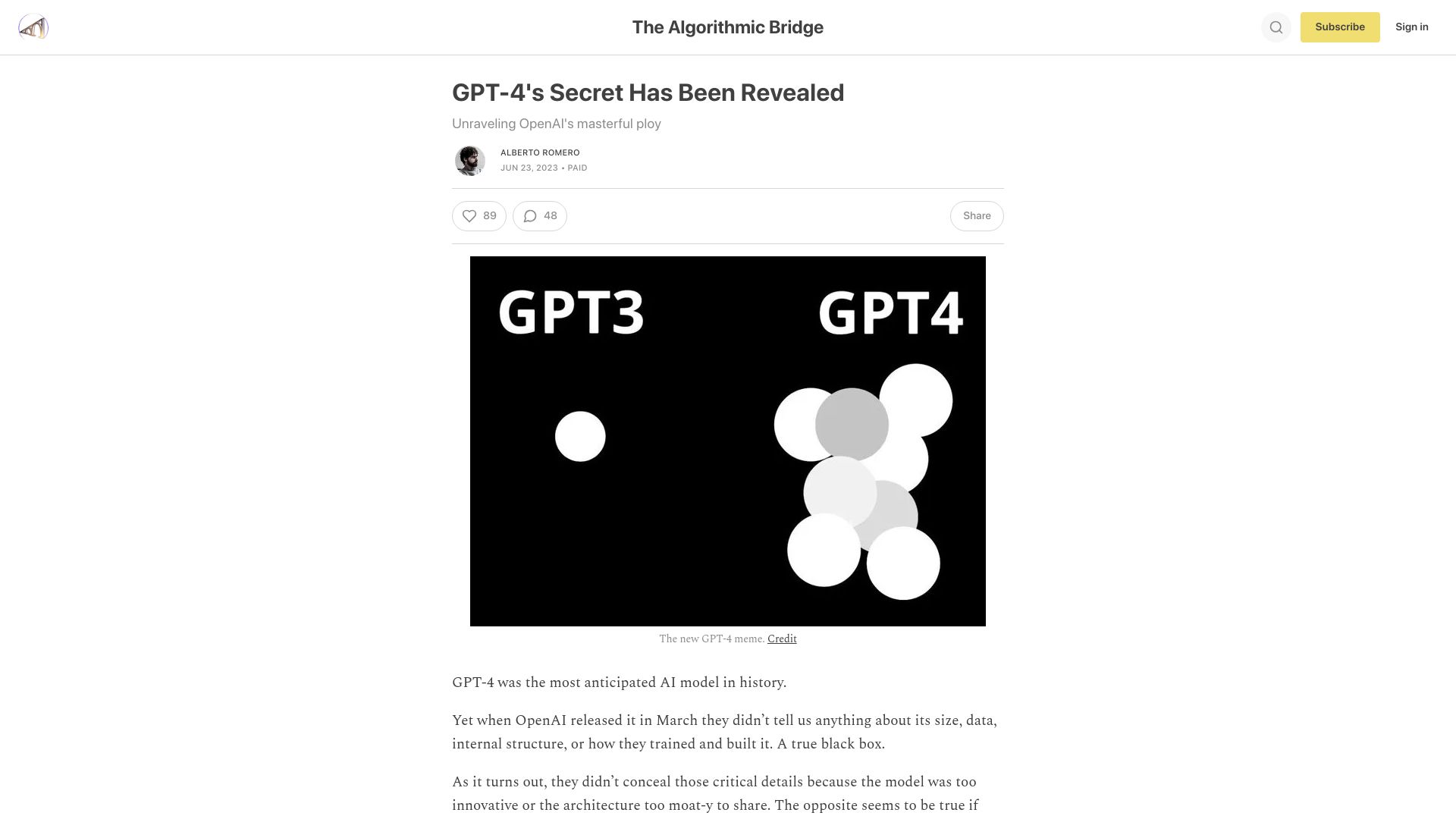 Screenshot of thealgorithmicbridge.substack.com: GPT-4’s secret