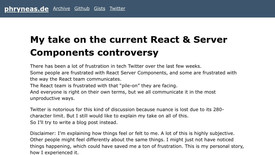 Screenshot of phryneas.de: My take on the current React and Server Components controversy