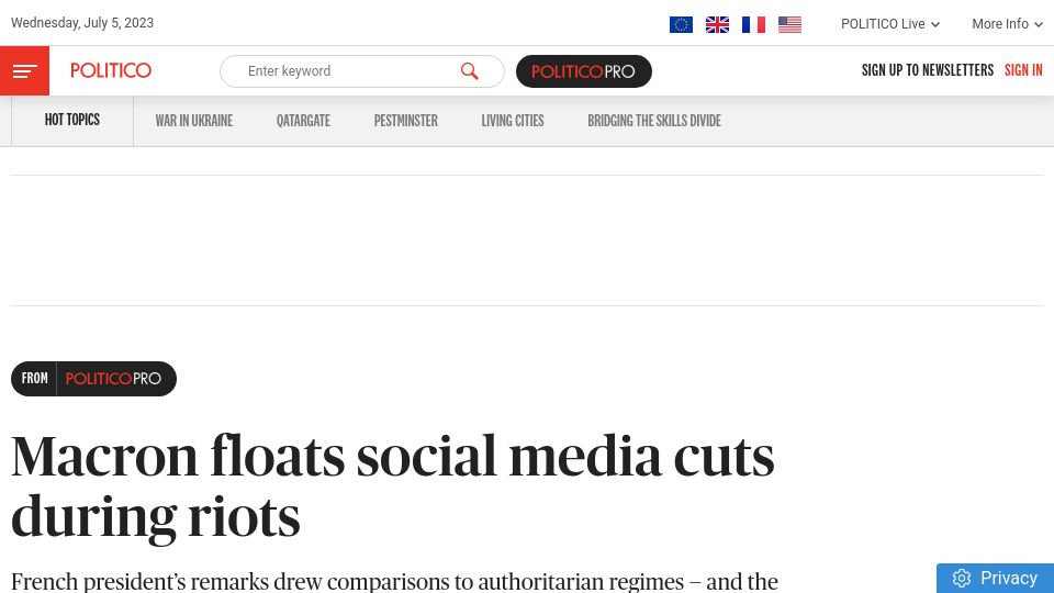 Screenshot of politico.eu: Macron floats social media cuts during riots