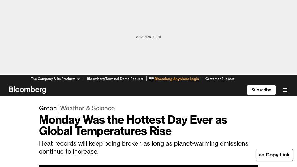 Screenshot of bloomberg.com: Monday Was the Hottest Day Ever as Global Temperatures Rise