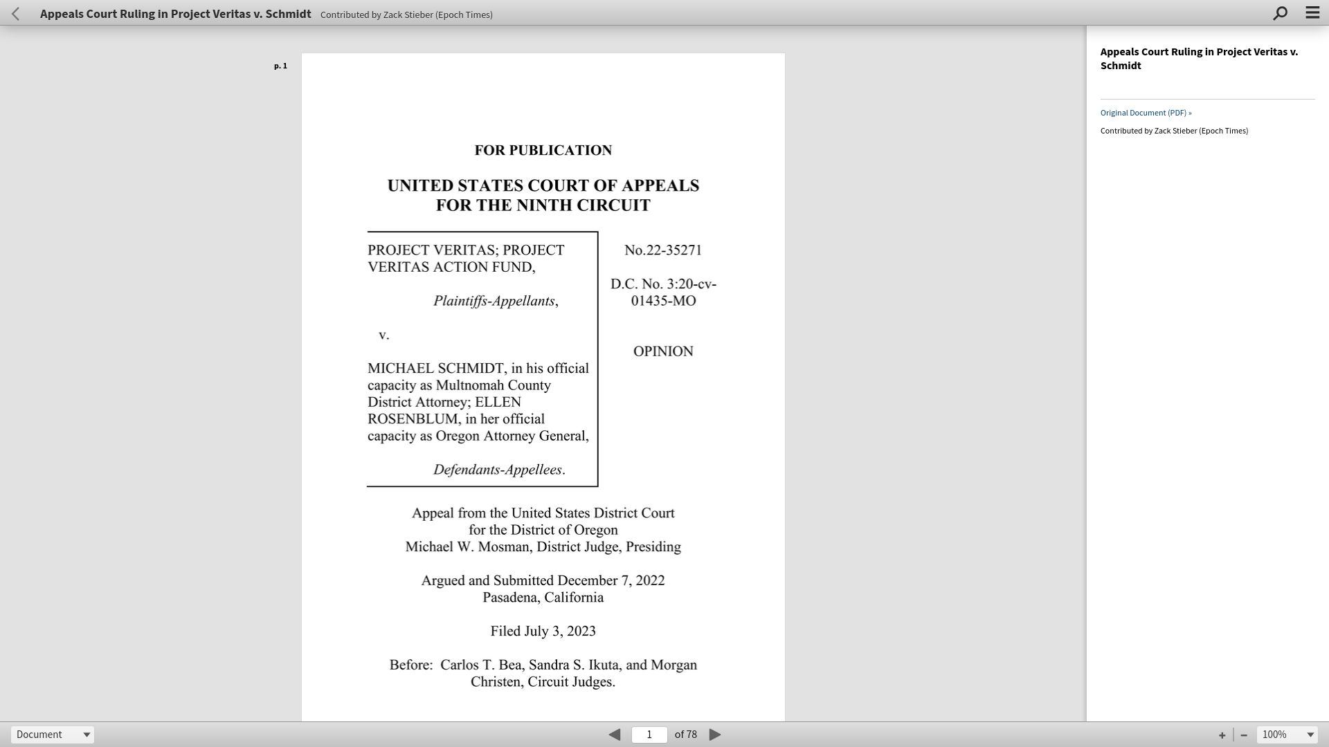 Screenshot of documentcloud.org: Ban on recording without consent is unconstitutional, US court rules