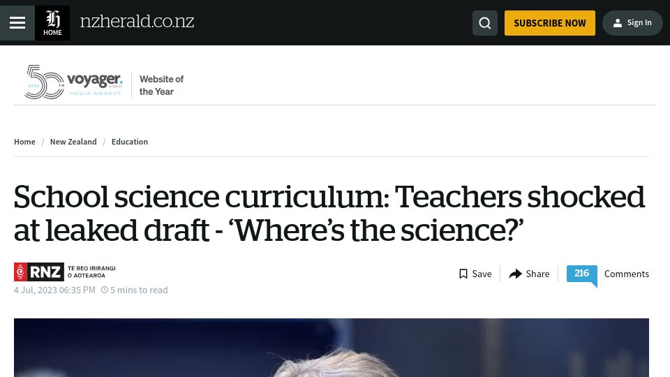 Screenshot of nzherald.co.nz: New Zealand teachers shocked at leaked curriculumn – 'Where's the science?'