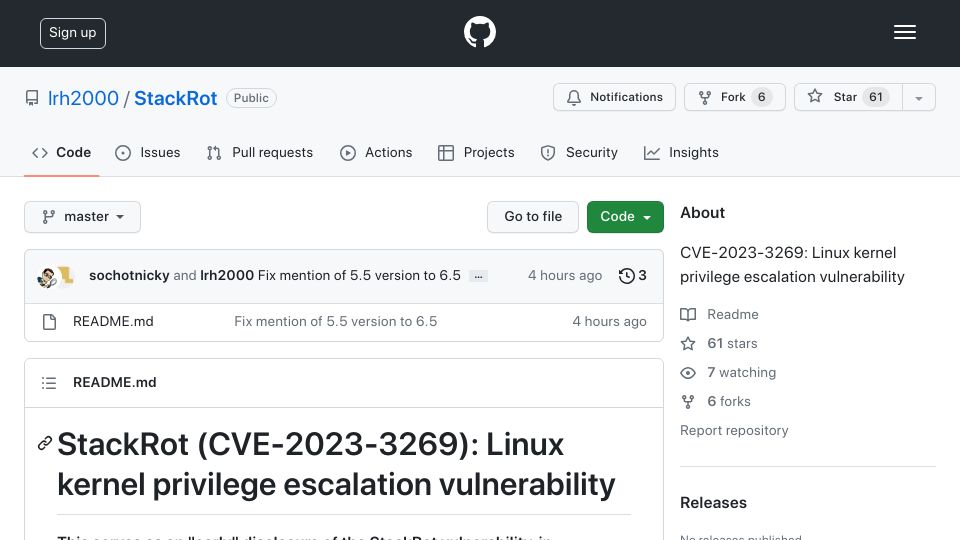 Screenshot of github.com: StackRot (CVE-2023-3269): Linux kernel privilege escalation vulnerability