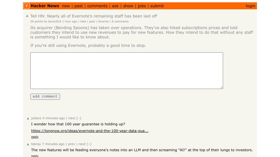 Screenshot of Hacker News post: Tell HN: Nearly all of Evernote’s remaining staff has been laid off