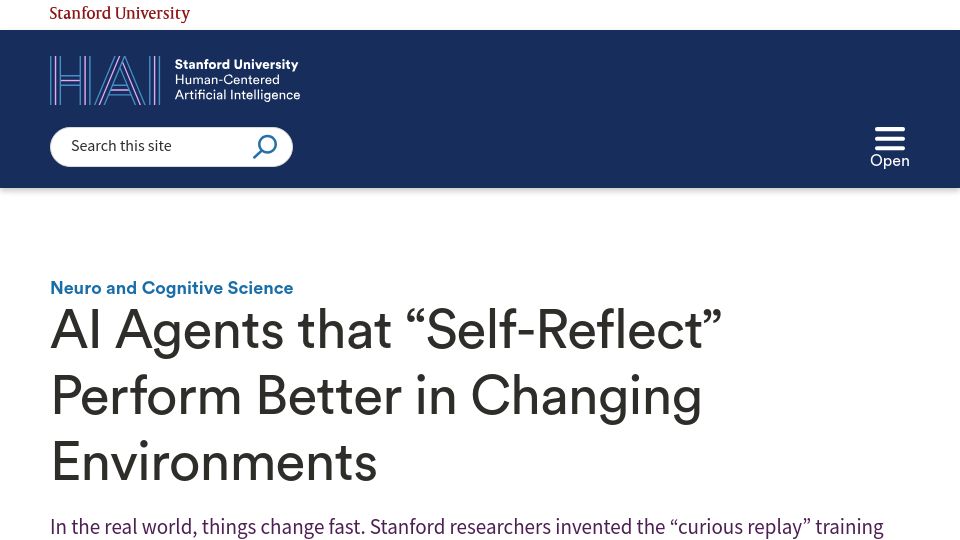 Screenshot of hai.stanford.edu: AI agents that “self-reflect” perform better in changing environments
