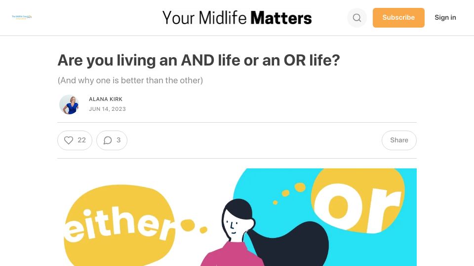 Screenshot of alanakirk.substack.com: Are you living an AND life or an OR life?