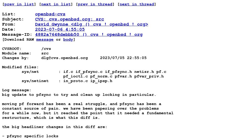 Screenshot of marc.info: Big Update to OpenBSD's pfsync