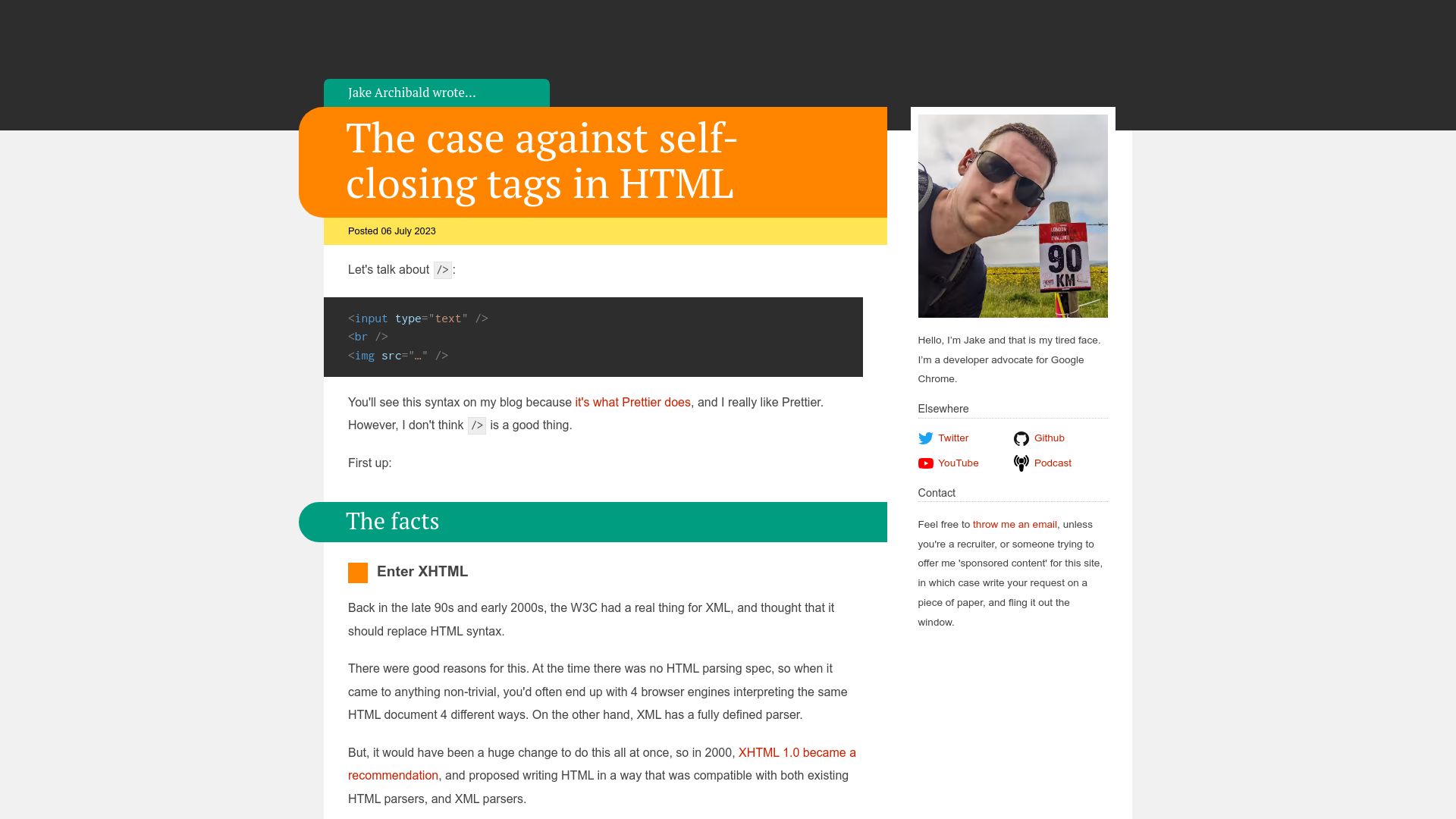 Screenshot of jakearchibald.com: The case against self-closing tags in HTML