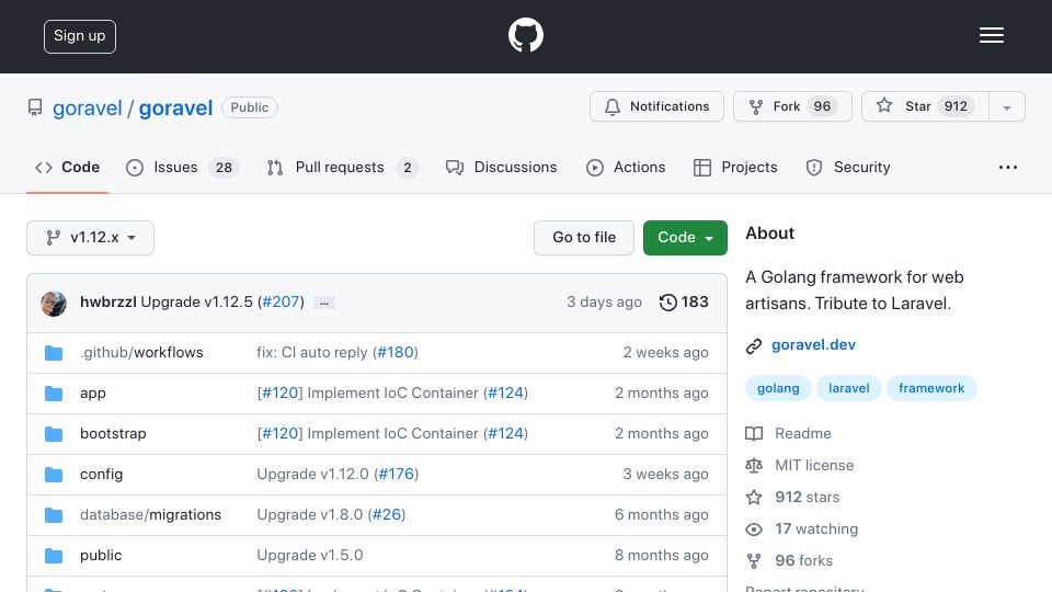 Screenshot of github.com: Goravel, Web framework inspired from Laravel in Golang