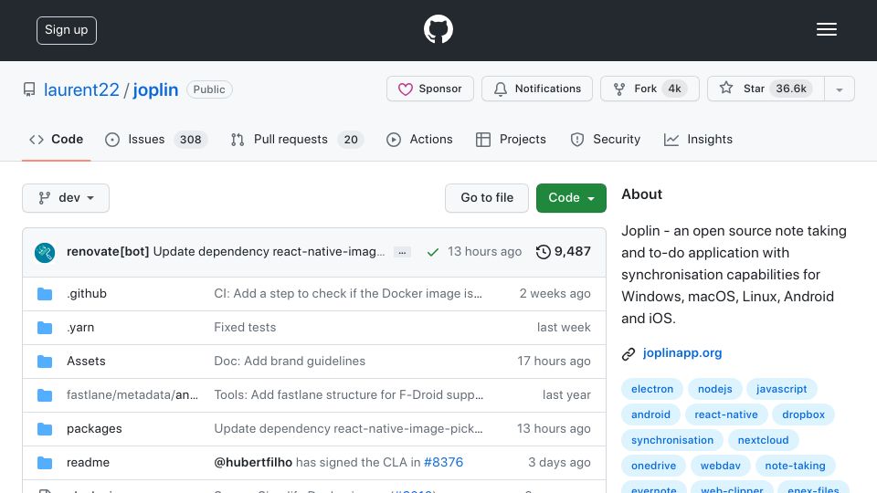 Screenshot of github.com: Joplin – An open-source note taking and to-do application with synchronisation