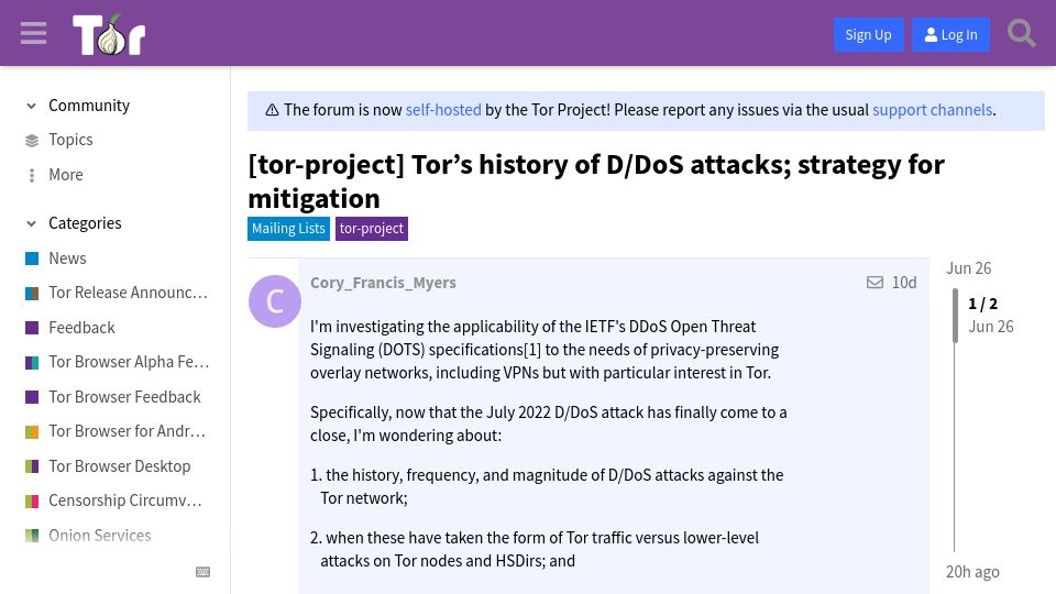 Screenshot of forum.torproject.org: Tor’s history of D/DoS attacks and future strategies for mitigation
