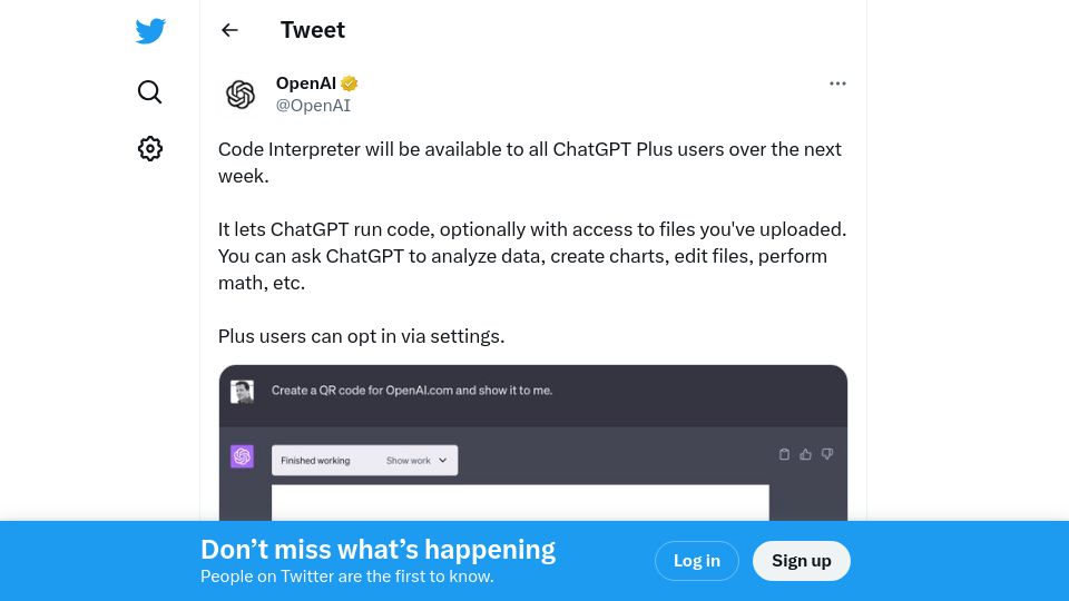 Screenshot of twitter.com: Code Interpreter will be available to all ChatGPT Plus users over the next week