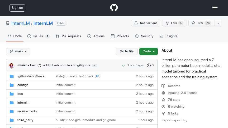 Screenshot of github.com: InternLM – new open source 7B LLM
