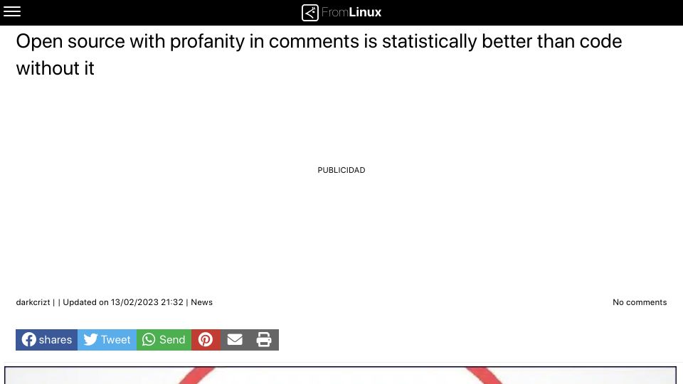 Screenshot of blog.desdelinux.net: Open source code with profanity in comments is statistically better