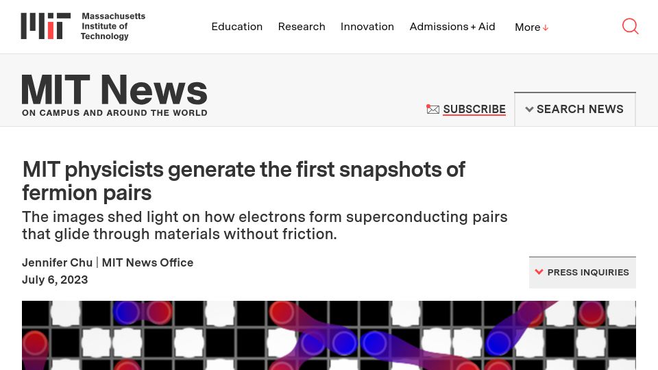 Screenshot of news.mit.edu: Physicists generate the first snapshots of fermion pairs