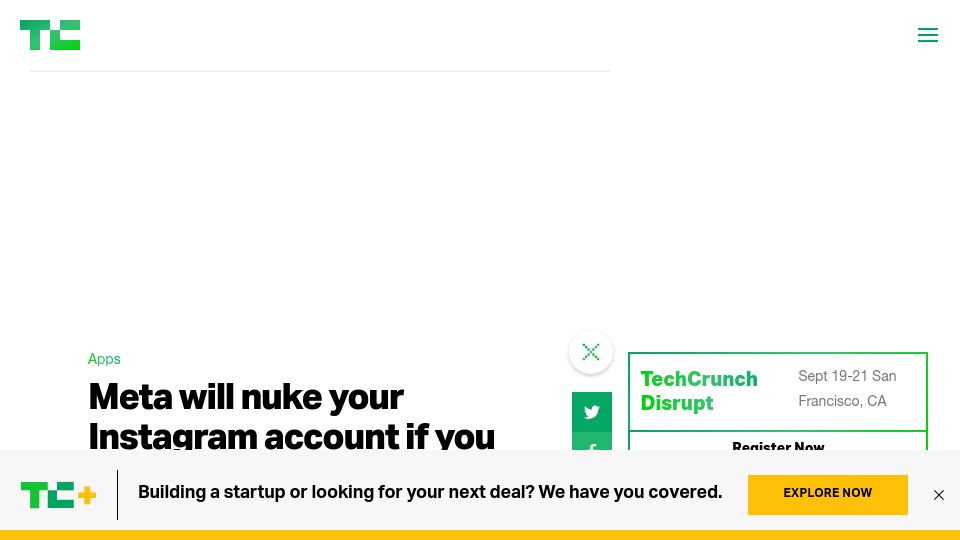 Screenshot of techcrunch.com: Meta will nuke your Instagram account if you delete Threads profile