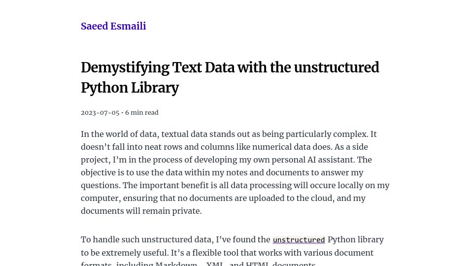 Screenshot of saeedesmaili.com: Demystifying Text Data with the Unstructured Python Library