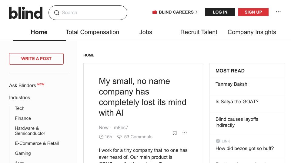 Screenshot of teamblind.com: My small, no name company has lost its mind with AI