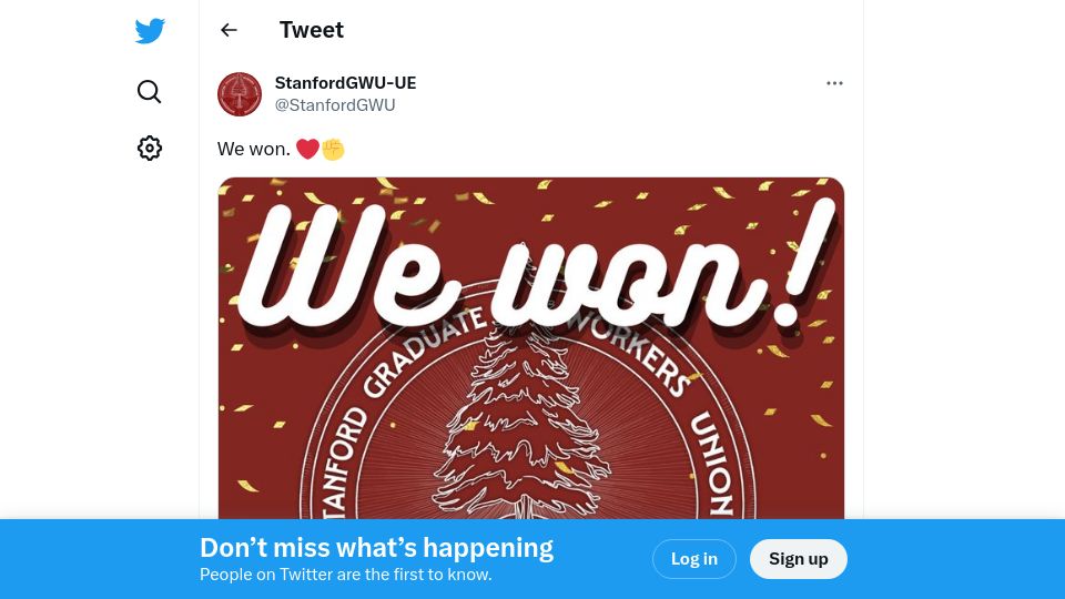 Screenshot of twitter.com: Stanford Graduate Students Won Their Union Vote