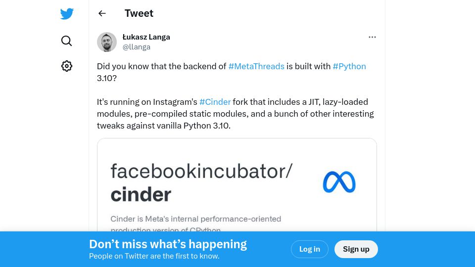 Screenshot of twitter.com: Backend of Meta Threads is built with Python 3.10