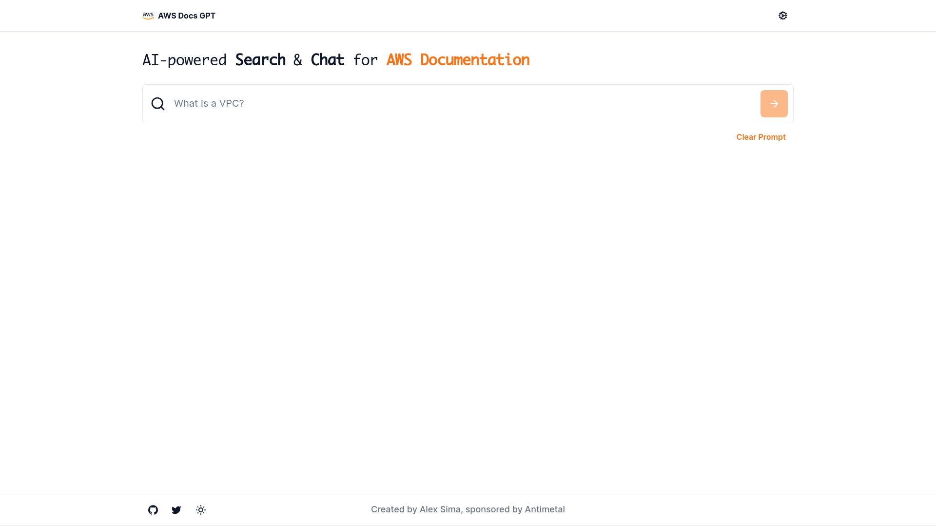 Screenshot of awsdocsgpt.com: AI for AWS Documentation