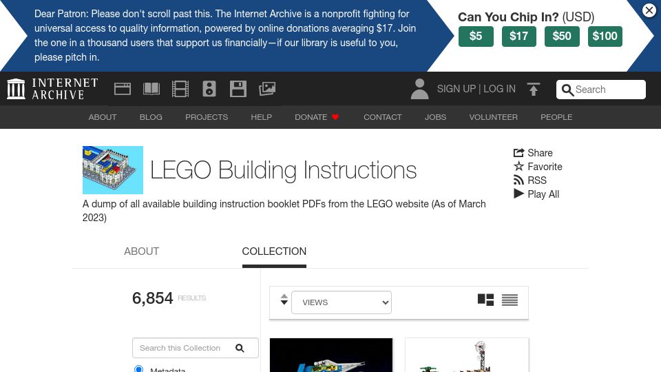 Screenshot of archive.org: LEGO Building Instructions