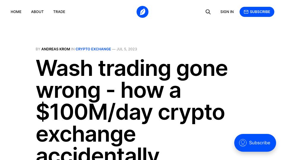 Screenshot of blog.everstrike.io: Wash trading gone wrong – how a $100M/day crypto exchange bankrupted itself