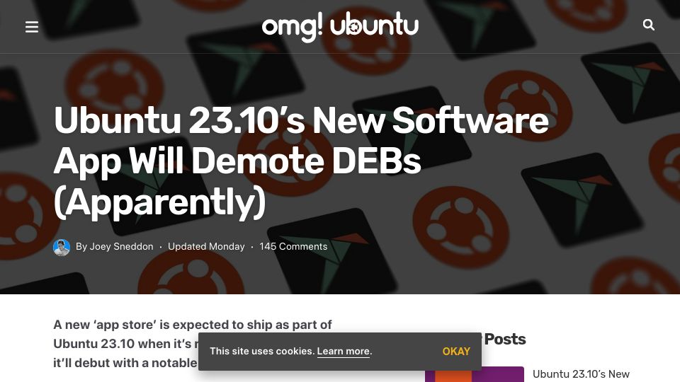 Screenshot of omgubuntu.co.uk: Ubuntu 23.10’s New Software App Will Demote Debs (Apparently)
