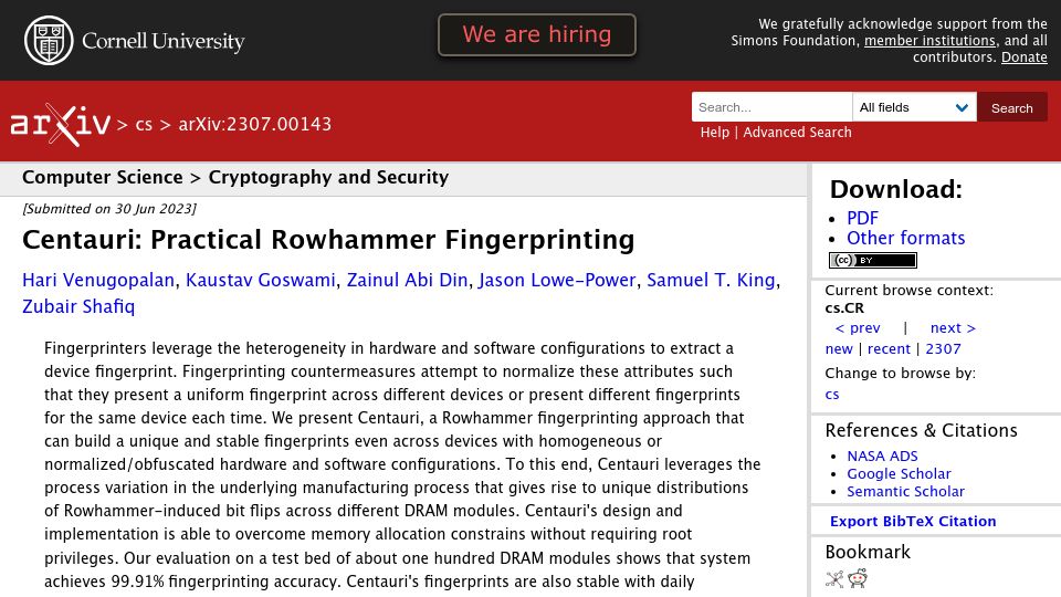 Screenshot of arxiv.org: Centauri: Practical Rowhammer Fingerprinting