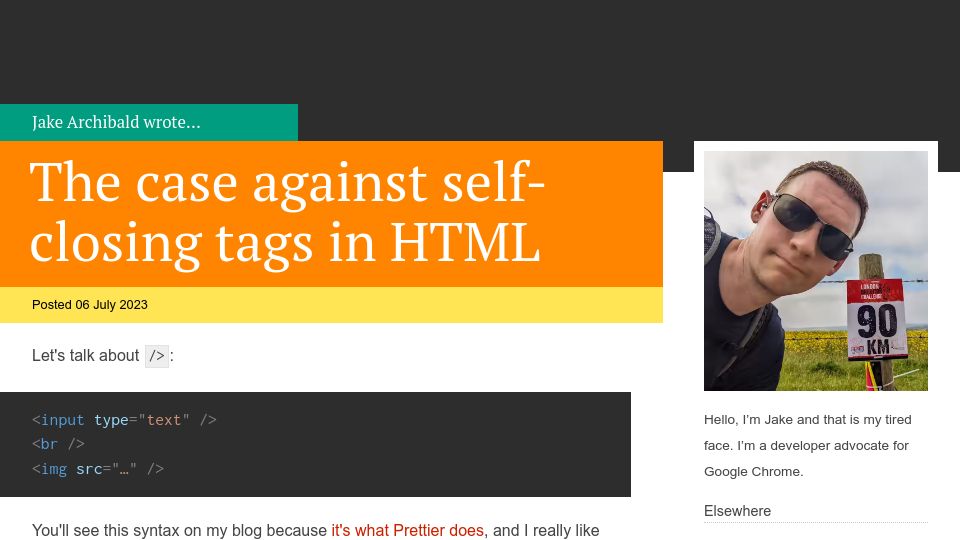 Screenshot of jakearchibald.com: The case against self-closing tags in HTML