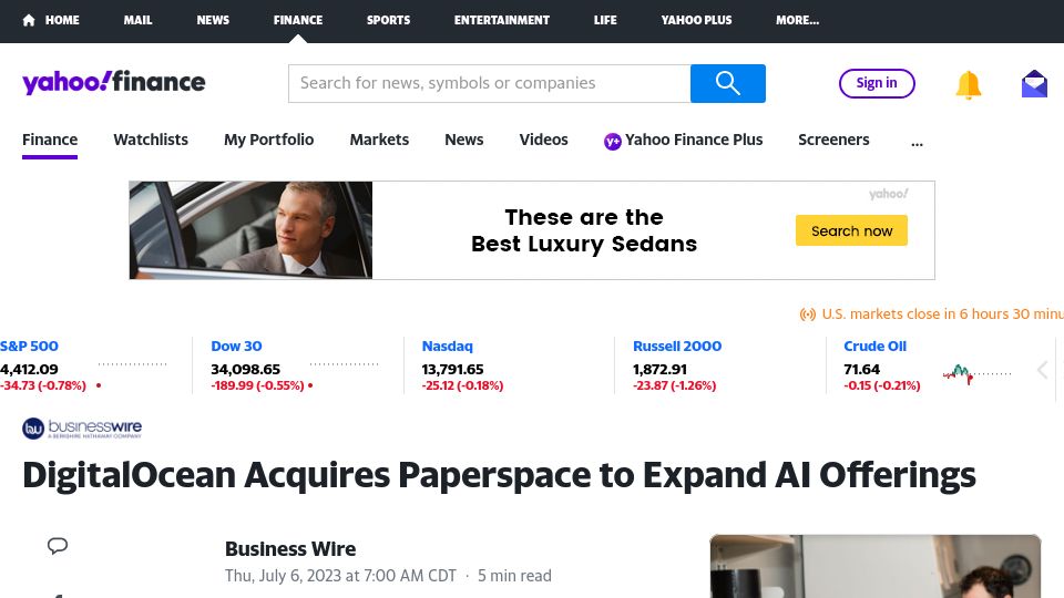 Screenshot of finance.yahoo.com: DigitalOcean acquires Paperspace (YC W15) for $111M in cash