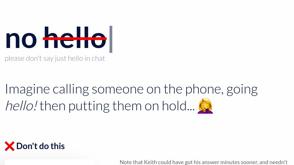 Screenshot of nohello.net: Please don't say just hello in chat