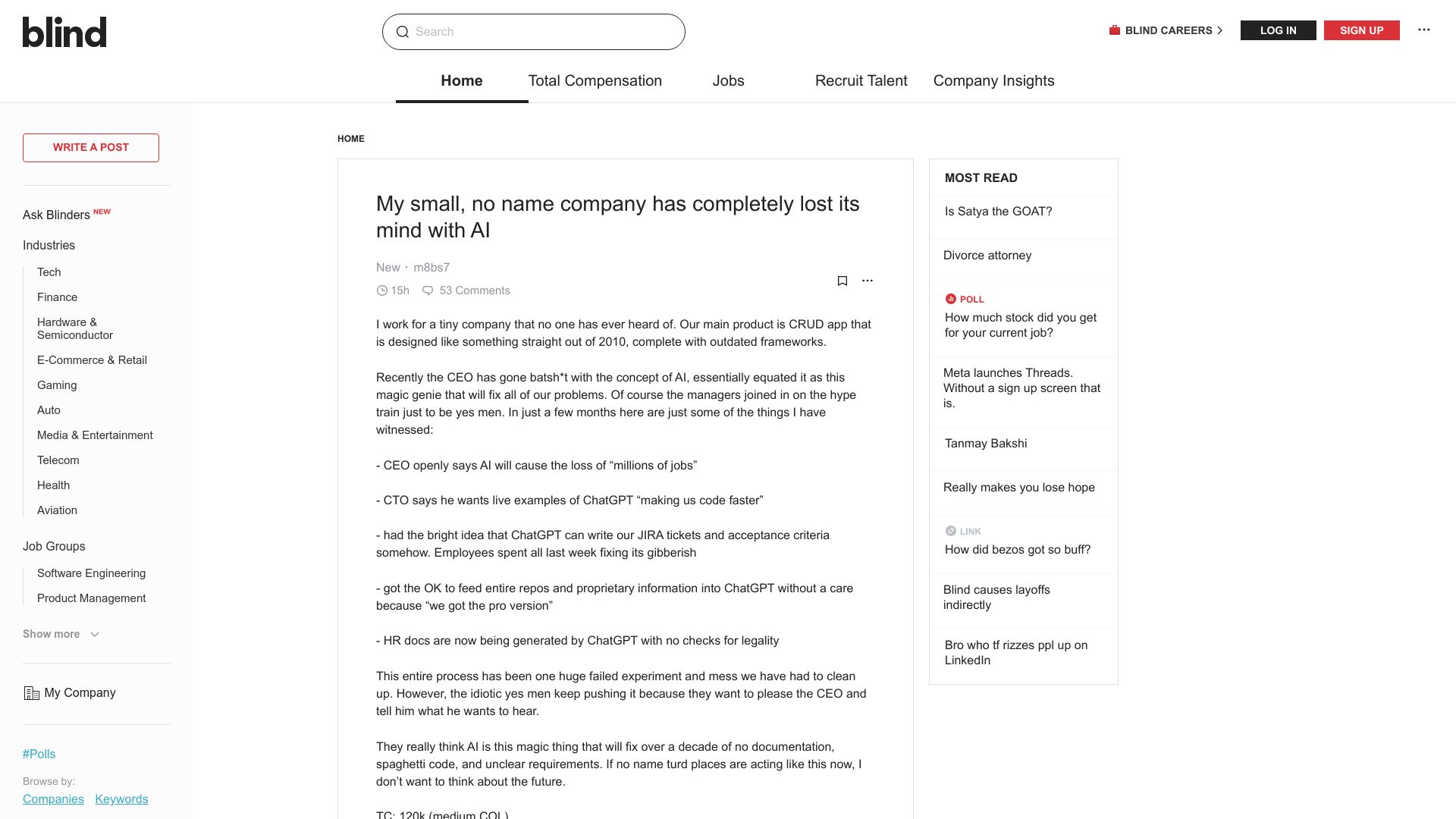 Screenshot of teamblind.com: My small, no name company has lost its mind with AI