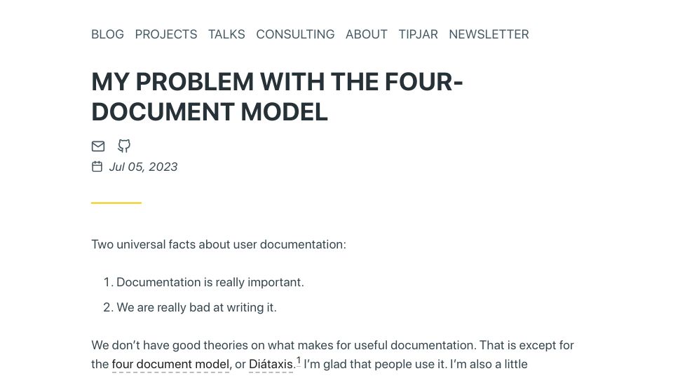 Screenshot of hillelwayne.com: My Problem with the Four-Document Model
