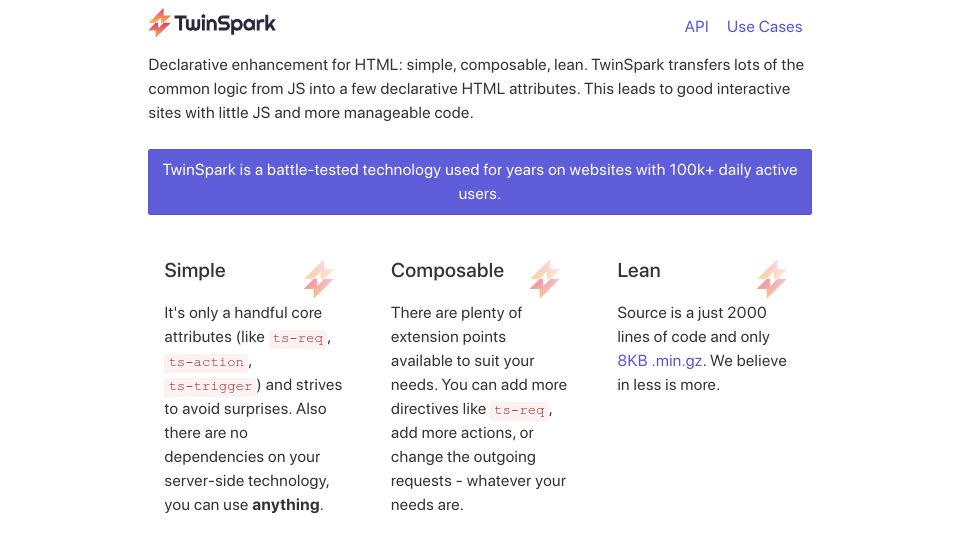 Screenshot of twinspark.js.org: Declarative Enhancement for HTML