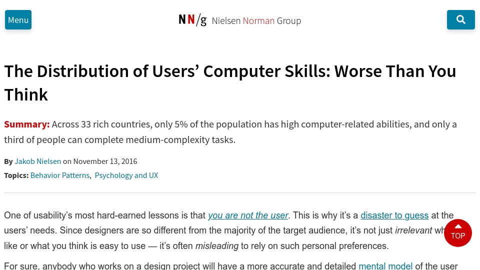 Screenshot of nngroup.com: The Distribution of Users’ Computer Skills: Worse Than You Think (2016)