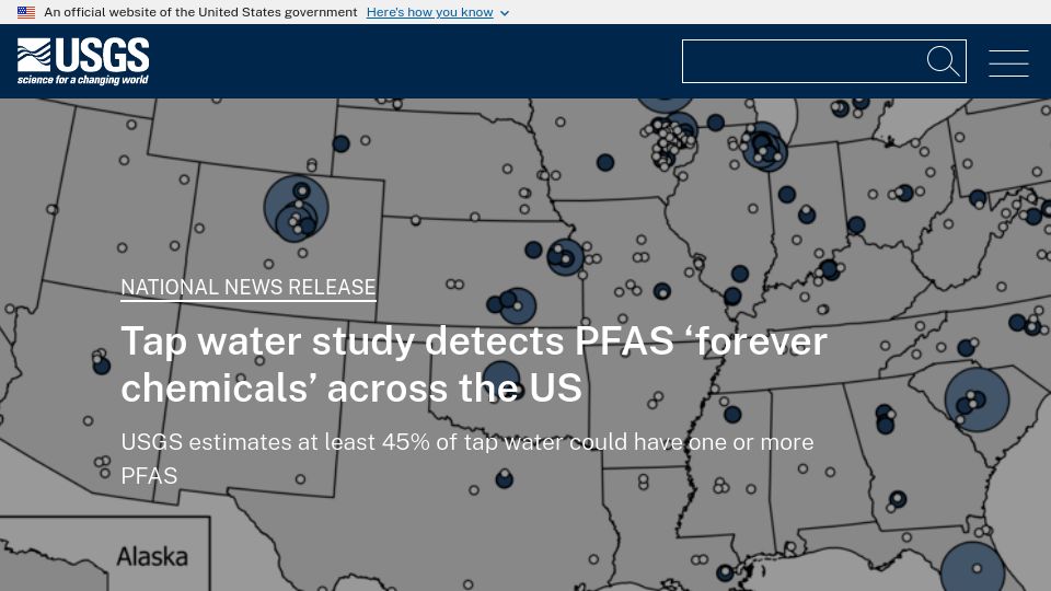 Screenshot of usgs.gov: USGS estimates at least 45% of U.S. tap water contain forever chemicals
