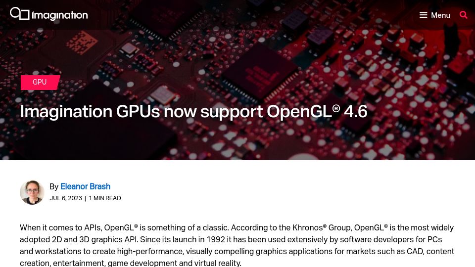 Screenshot of blog.imaginationtech.com: Imagination GPUs now support OpenGL 4.6