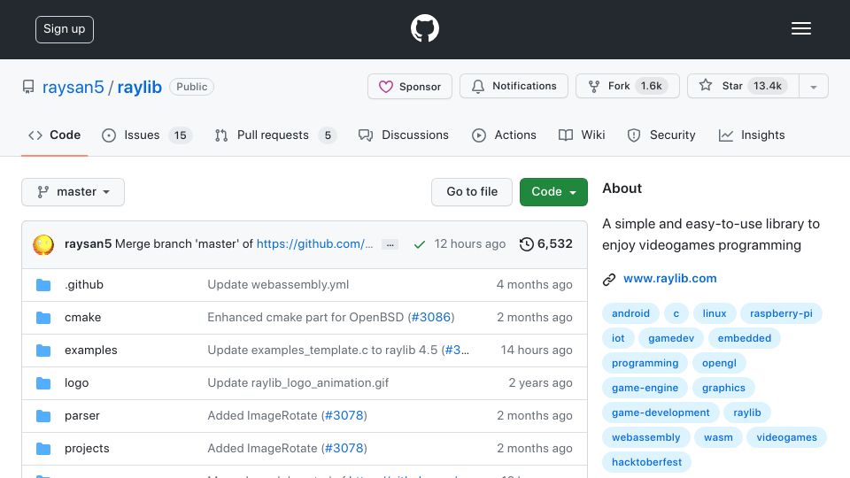 Screenshot of github.com: Raylib – A simple and easy-to-use library to enjoy video games programming