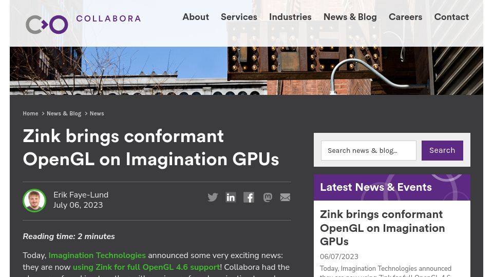 Screenshot of collabora.com: Zink brings conformant OpenGL on Imagination GPUs