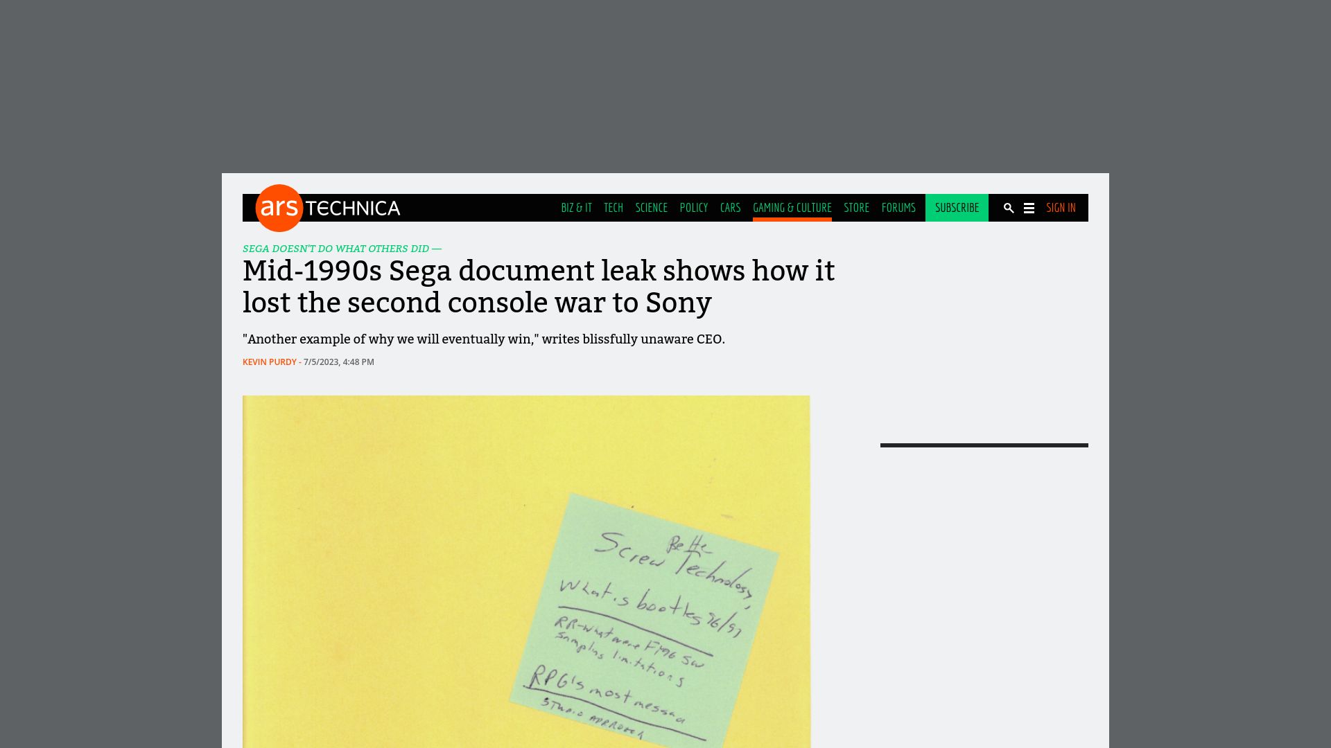 Screenshot of arstechnica.com: Mid-1990s Sega document leak shows how it lost the second console war to Sony