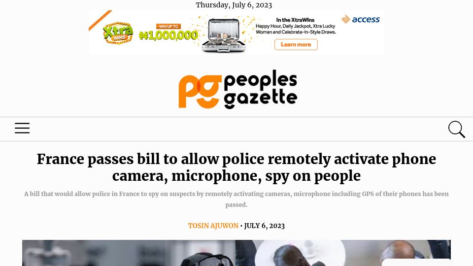 Screenshot of gazettengr.com: France passes bill to allow police remotely activate phone camera, microphone