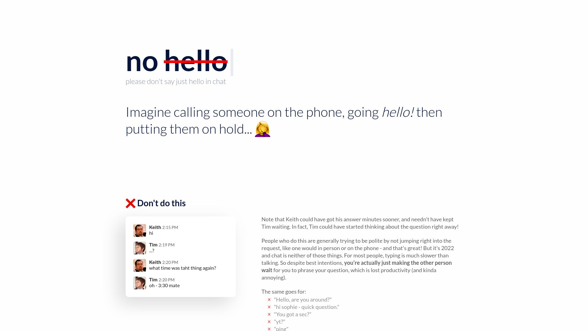 Screenshot of nohello.net: Please don't say just hello in chat