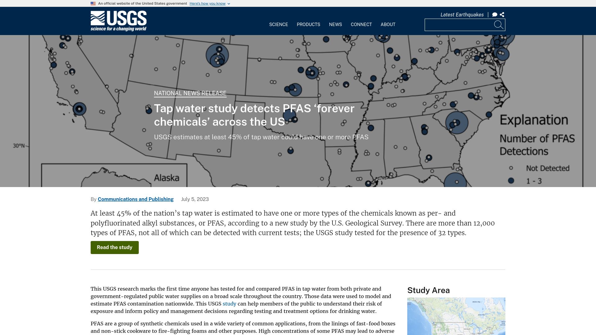 Screenshot of usgs.gov: USGS estimates at least 45% of U.S. tap water contain forever chemicals