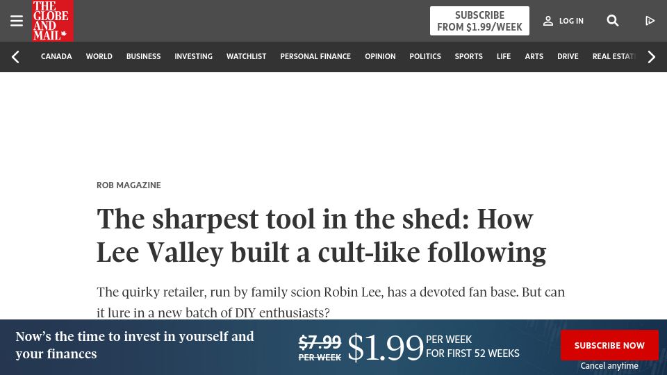 Screenshot of theglobeandmail.com: How Lee Valley built a cult-like following